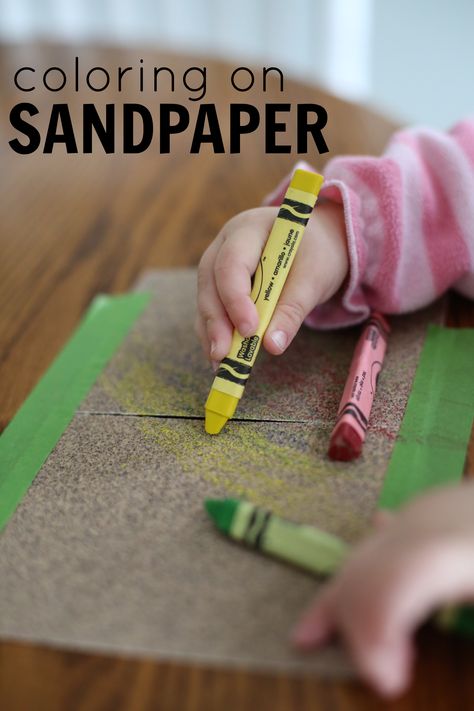 Coloring on Sandpaper Activity for Toddlers:  A unique sensory experience and a great way to encourage your child to hold their writing utensil correctly! Activity For Toddlers, Sensory Art, Toddler Classroom, Sensory Ideas, Toddler Sensory, Sand Paper, Daycare Activities, 5 Senses, Art Therapy Activities