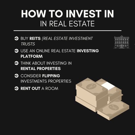 How to invest in in real estate

- buy reits (real estate investment trusts
- use an online real estate investing platform
- think about investing in rental properties
- consider flipping investments properties
-rent out a room

#CostaBlancaNort  #DreamHome  #RealEstate  #Property  #HomeBuyers  #Investment  #LuxuryLiving  #BeachfrontProperty  #RetirementHome  #MediterraneanLiving  #Spain  #Expats  #InternationalLiving  #HomeSweetHome  #ParadiseFound  #DreamComeTrue Real Estate Investing Rental Property, Property Flipping, Real Estate Business Plan, Buying Investment Property, Rental Property Investment, Real Estate Infographic, Getting Into Real Estate, Real Estate Investment Trust, Real Estate Rentals