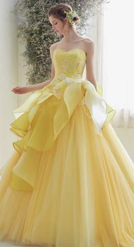 Hufflepuff Formal Dress, Yellow Wedding Dresses The Bride, Yellow Gown Dress, Yellow Wedding Dresses, Yellow Gowns, Yellow Ball Gown, Elegant Yellow Gown For Debutante Ball, Yellow Princess Dress Fairytale, Yellow Sleeveless Princess Dress