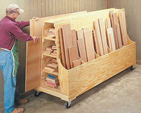 Remodelando la Casa: 20 Scrap Wood Storage Holders You Can DIY Lumber Storage Cart, Workshop Organisation, Lumber Storage Rack, Woodsmith Plans, Plywood Storage, Lumber Rack, Garage Diy, Lumber Storage, Storage Garage