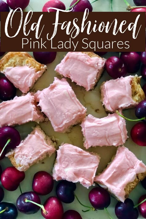 Pink Lady Dessert, Queen Ann Square, Old Fashioned Squares, Raspberry Squares Recipe, Pink Lady Squares, Quick Squares Recipes, Quick And Easy Squares Recipes, Dream Squares Recipe, Cherry Dream Squares