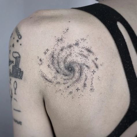 Black Star Tattoo Cover Up, Galaxy Wrap Around Tattoo, Spiritual Space Tattoo, Deep Space Tattoo, Science Inspired Tattoos, Tattoo Ideas Female Space, Detailed Star Tattoo, Black Splatter Tattoo, Halley’s Comet Tattoos