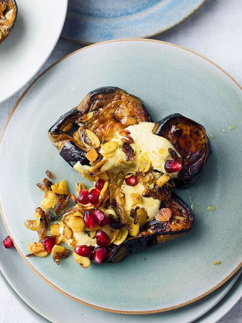 Roasted aubergine with curried yoghurt | Ottolenghi Recipes Roasted Aubergine, Brunch Salad, Yotam Ottolenghi Recipes, Veggie Options, Plant Based Gluten Free, Ottolenghi Recipes, Food Italy, Desserts With Biscuits, Preserved Lemons