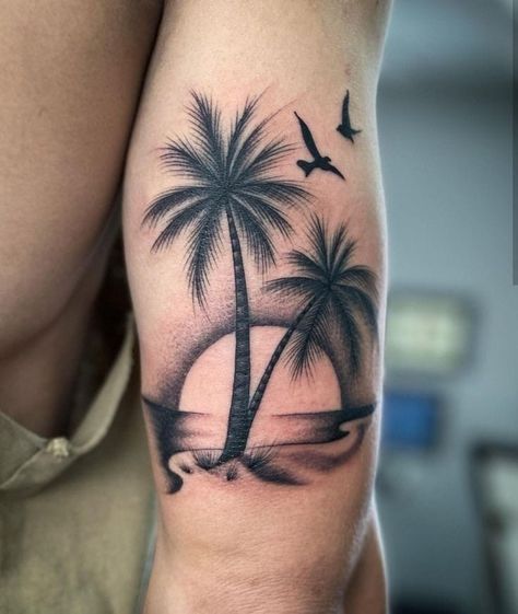 Beach Tattoo Ideas, Beachy Tattoos, Tropical Tattoo, Hawaii Tattoos, Palm Tattoos, Sand And Sea, Beach Tattoo, Pretty Tattoos For Women, Tatuaje A Color