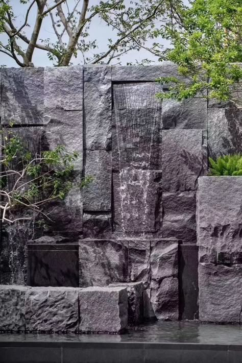 Wall Tiles Interior, Volcanic Stone Wall, Water Cascade, Landscape Architecture Diagram, Water Architecture, Stone Wall Design, Water Body, Stone Wall Art, Pond Waterfall