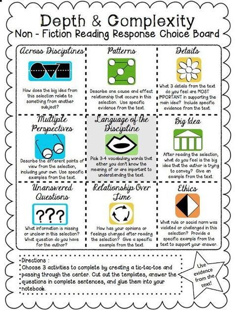 Depth And Complexity, Choice Board, To Do List Printable, Gifted And Talented, Choice Boards, Middle School Reading, Nonfiction Reading, 5th Grade Reading, 4th Grade Reading