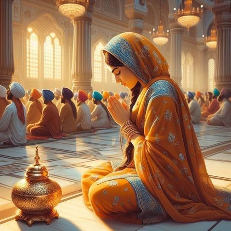 Woman Praying Images Beautiful, Woman Praying Images, Punjab Village, Golden Temple Wallpaper, Guru Nanak Photo, Temple Wallpaper, Nanak Jayanti, Village Photo, Respect Girls