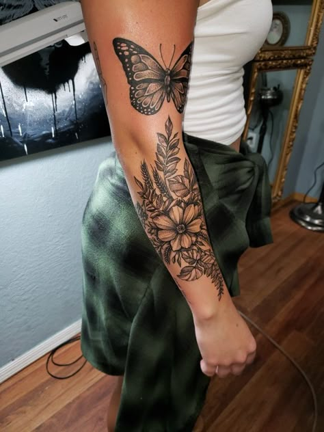 A pinterest inspired tattoo. Girl Half Sleeve Tattoos, Butterfly Sleeve Tattoo, Griffin Tattoo, Half Sleeve Tattoos Forearm, Pisces Tattoo, See Tattoo, Back Of Arm Tattoo, Girl Arm Tattoos, Small Forearm Tattoos