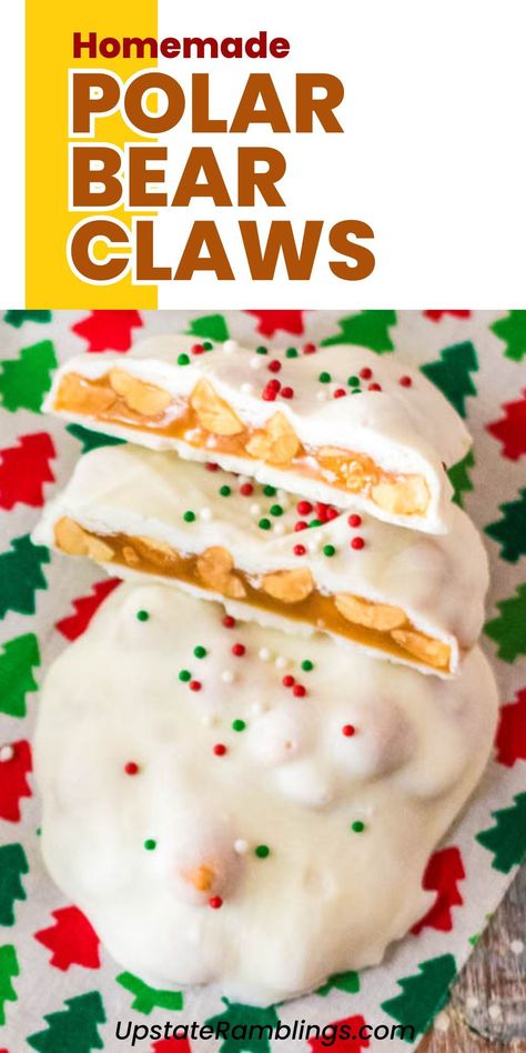 Homemade Polar Bear Claws Polar Bear Claws, Bear Claws Recipe, Bear Claw Recipe, Homemade Food Gifts For Christmas, Food Gifts For Christmas, Upstate Ramblings, Holiday Candies, Holiday Candy Recipes, Christmas Candy Easy