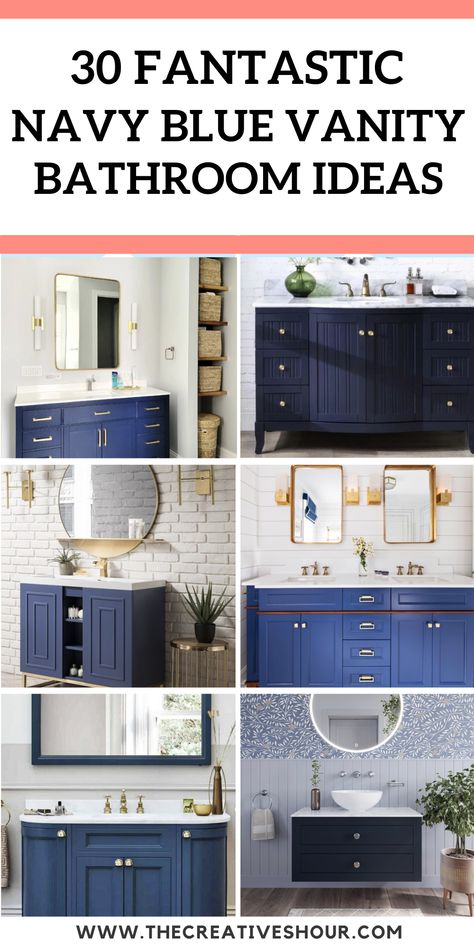 30 Navy Blue Vanity Bathroom Ideas You Will Love Blue Bathroom Vanity Mirrors, Half Bathroom Ideas Blue Vanity, Bathroom Paint Colors With Blue Vanity, Blue Vanity Powder Room Ideas, Bathroom Ideas With Navy Blue Vanity, Navy Vanity Bathroom Ideas Paint, Navy Blue And White Bathroom Decor Ideas, Bathroom With Blue Vanity Ideas, Bathroom Remodel Navy Vanity