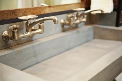 industrial bathroom design ideas double trough sink concrete sink Commercial Toilet Design, Vanity Gold Hardware, Trough Sink Bathroom Vanity, Stone Trough Sink, Double Trough Sink, Trough Sink Bathroom, Loft Bathroom Ideas, Large Bathroom Sink, Bathroom Walk In Closet