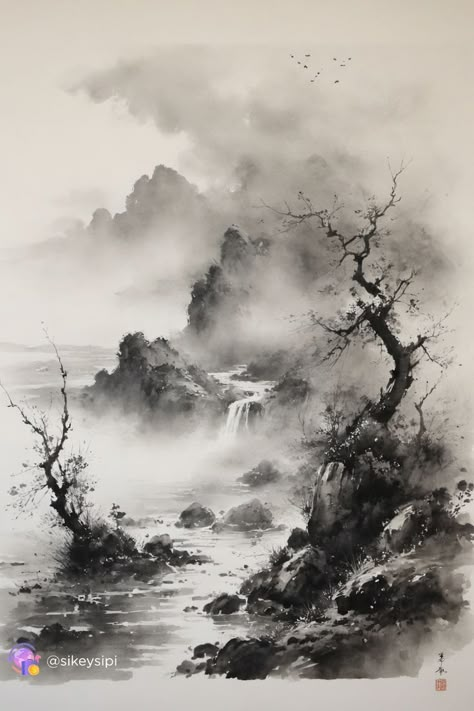 Brush Ink Drawing, Japanese Ink Painting Landscape, Japanese Painting Traditional, Ink Painting Ideas, Japanese Ink Art, Ink Drop, Ink Landscape, Landscape Pencil Drawings, Japanese Ink Painting