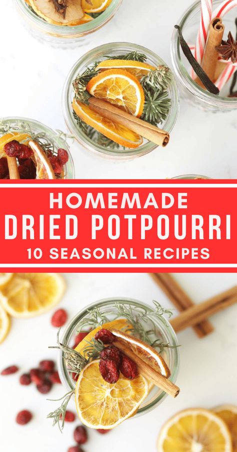 10 dry potpourri recipes that make lovely homemade gifts to give to friends and family or use yourself! Having these different blends of stovetop potpourri simmering throughout the seasons is sure to get you into the holiday spirit! How To Make Dried Potpourri, Make Potpourri Diy, Essential Oil Potpourri, Make Your Own Potpourri Diy, Dried Fruit For Potpourri, How To Make Popurri With Flowers, Homemade Popurrí, How To Make Popurri, Homemade Poupori Simmering Potpourri