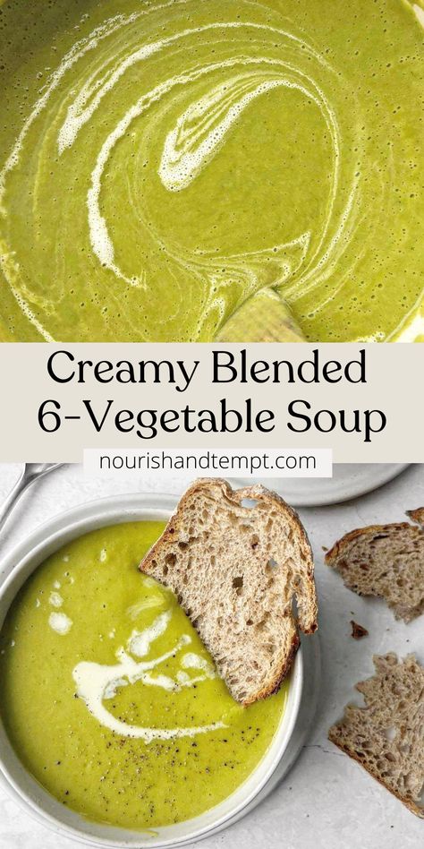 A green blended soup in a bowl and pot topped with a swirl of cream and with a slice of bread dunked in the bowl. Everything Soup Recipe, Easy Fall Soup Recipes Vegetarian, Low Cal Vegetable Soup, Vegetable Blended Soup, Veggie Soup Creamy, Savory Pureed Food, Hidden Veggie Soup Recipes, Veggie Soup Blended, Antioxidant Soup Recipes