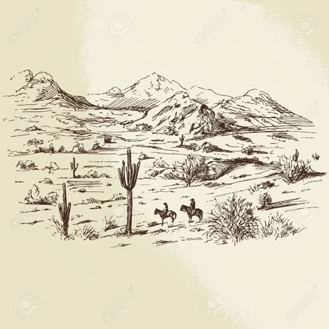 Western Landscape Drawings, Western Scene Drawing, Western Landscape Tattoo, Old Western Drawings, Cowboy Aesthetic Wallpaper, Western Widgets, Wild West Landscape, Western Sketches, Desert Background