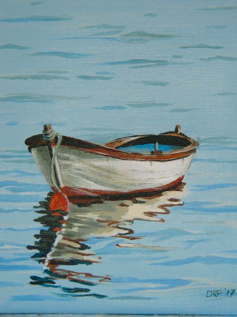 Painting Of Boats On Water, Painting A Boat, Boats On Water Painting, Art Boats Painting, Watercolor Boats Paintings, Boat On Beach Painting, Water Reflections Art, Boat In Water Painting, Boat On Water Drawing