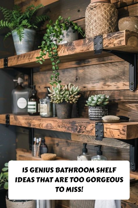 Maximize your bathroom space with style! 🛁✨ These 15 genius bathroom shelf ideas add both storage and beauty. Perfect for keeping your essentials organized and chic! #BathroomShelf #StorageIdeas #HomeDecor Rustic Bathroom Shelves Over Toilet, Shelf And Towel Rack, Diy Wood Bathroom Shelves, Black Bathroom Shelves Over Toilet, Bathrooms With Floating Shelves, Corner Shelving Bathroom, Over Toilet Shelving Ideas, Half Bath Shelves Over Toilet, Restroom Shelves Ideas