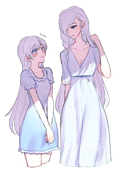 Winter and Weiss pajamas Anime Woman With White Hair And Purple Eyes, Mother And Daughter Drawing Anime, Anime Mother And Daughter Art, Mother And Daughter Reference, Mother And Daughter Drawing Reference, Mother Oc Art, Anime Mother Oc, Mother And Son Anime, Mother Daughter Anime