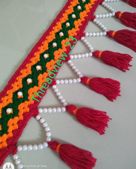 Croshiya Design, Crochet Door Hanging, Door Toran Handmade, Crochet Toran, Toran Designs, Toran Design, Pooja Room Decor, Door Toran, Woolen Craft