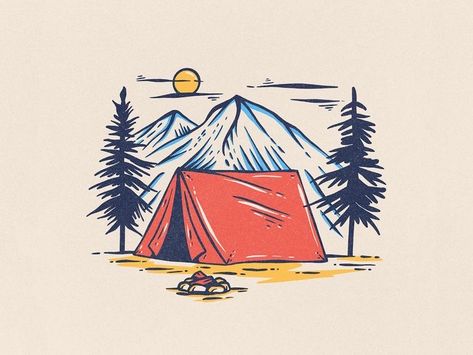 Camping Drawing, Draw Step By Step, Doodle Art Flowers, Hiking Tattoo, Mountain Camping, Adventure Design, Wall Drawing, Simple Illustration, Mini Drawings