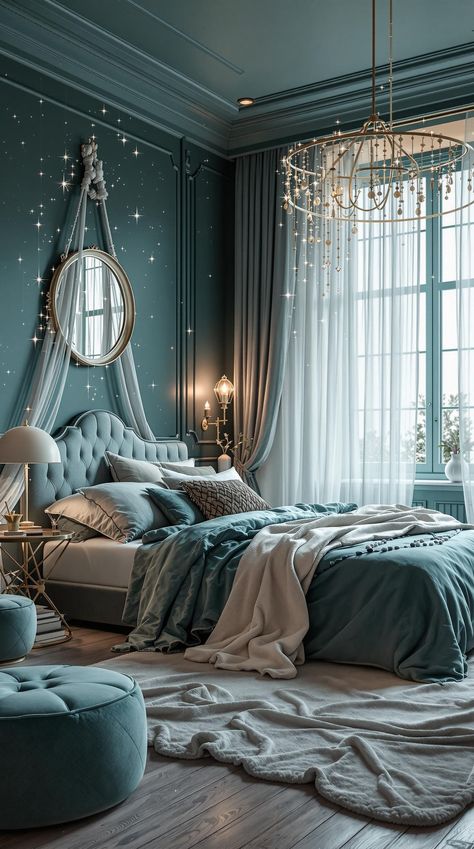 Dark Teal Bedroom Dark Teal Room Aesthetic, Teal And Wood Bedroom, Bedroom Teal Accents, Dusty Teal Bedroom, Silver And Teal Bedroom, Calming Bedroom Colors Cozy, Turquoise Teen Room, Dark Teal Room, Deep Teal Bedroom