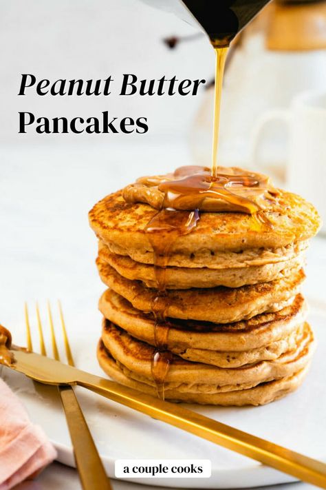 These peanut butter pancakes are fluffy and full of flavor! Top them with bananas, maple syrup and...another slather of peanut butter. #peanutbutter #pancakes #peanutbutterpancakes #easypancakes Oatmeal Blender Pancakes, Peanut Butter Pancake Recipe, Waffle French Toast, Pancakes Syrup, Healthy Banana Oatmeal, Cold Dip Recipes, Blender Pancakes, Peanut Butter Pancakes, Banana Oatmeal Pancakes