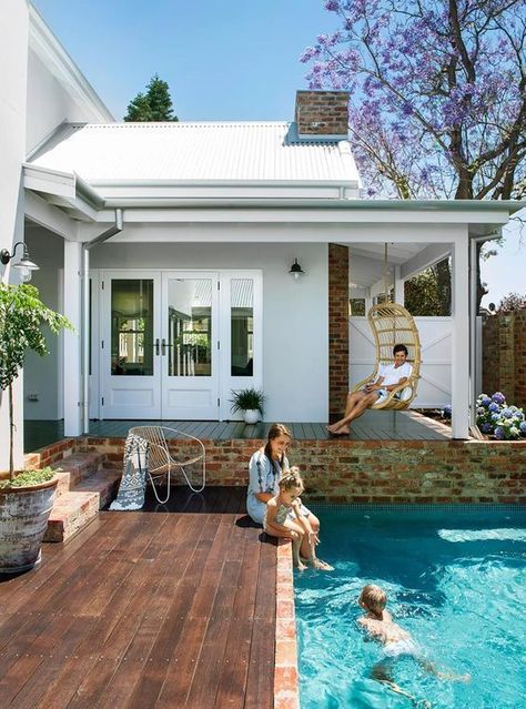 Plunge Pool Backyard, Exterior Cladding Options, Enclosed Deck, Pool Spa Ideas, Pool Fire Pit, Paint Deck, Swimming Pool Design Ideas, Landscaping Lighting, Aesthetic Paint