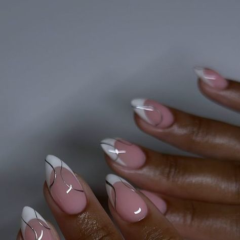 Aprés Gel-X and Structured manicures on Instagram: "Happy wed 🌺" Almond Shaped Nail Art Designs, Builder Gel Nails Design Almond, White Round French Tip Nails, French Nails Black Women, French Nail With Design, 2024 Nail Ideas, Scandinavian Nails, White French Tip Designs, Fun Bridal Nails