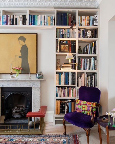 Library Corner, Leather Side Table, Romo Fabrics, Design Library, Overall Style, Corner Wall, Purple Velvet, Home Library, Books Reading