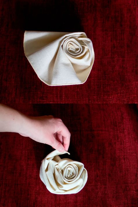 Folded Cloth Napkins Wedding, Rosette Napkin Fold, How To Fold Wedding Cloth Napkins, Napkin Folding Ideas In Bowl, Napkin Bowl Folding, How To Fold Cheesecloth Napkin, How To Fold A Napkin Into A Rose, Napkin Flowers Folding, Rose Folded Napkins