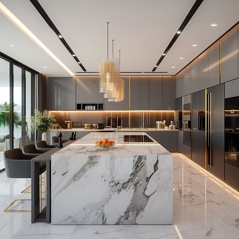 Contemporary Kitchen Design Luxury, Luxurious Kitchens, Kitchen Design Countertops, Kitchen Remodeling Ideas, Luxe Kitchen, Elegant Kitchen Design, Countertop Ideas, Modular Kitchen Designs, Kitchen Interior Design