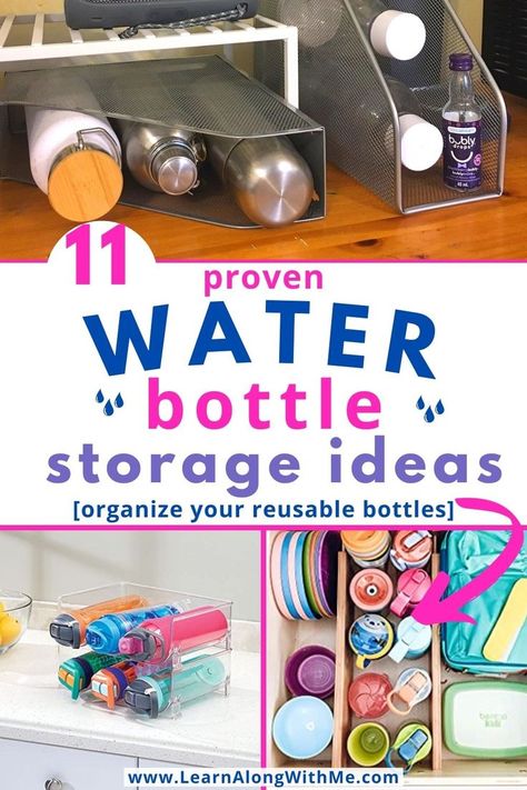 Water bottles falling out of your cabinets? These water bottle storage ideas will help.

There are 11 ideas to help you organize your reusable bottles like water bottles and travel mugs.

There are countertop organizing options, cabinet organizers, drawer organizers, and more.

Plus, a few clever ways to repurpose other organizers and use them for water bottles.

#waterbottlestorageideas  #waterbottleorganization #travelmugstorageideas  #waterbottlestorage  #travelmugstorage Water Bottles Storage Ideas, How To Organize Water Bottles In Pantry, Organizing Water Bottles In Cabinet, Water Bottle Storage Hack, Water Bottle Cabinet Storage, Travel Cup Storage Ideas, Travel Mug Storage Ideas, Diy Bottle Organizer, Reusable Water Bottle Storage