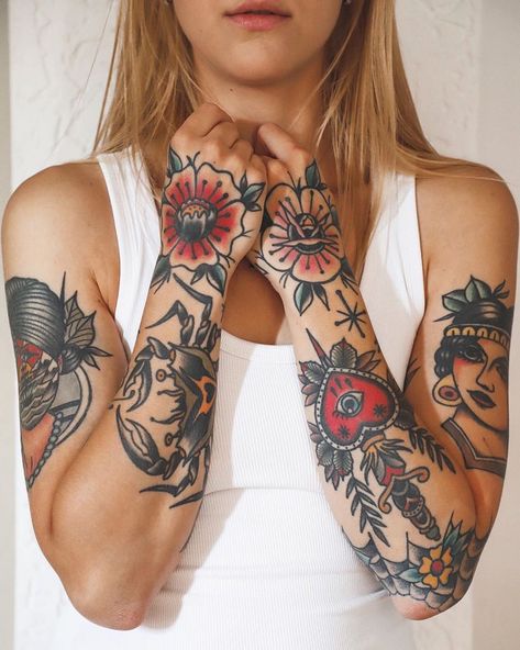 Fem Traditional Tattoo, Traditional Tattoo Arm Sleeve Women, American Traditional Floral Tattoo Sleeve, Feminine American Traditional Sleeve, Traditional Forearm Tattoos For Women, Traditional Leg Sleeve Women, American Traditional Woman Tattoo, American Traditional Sleeve Woman, Traditional Tattoo Sleeve Women