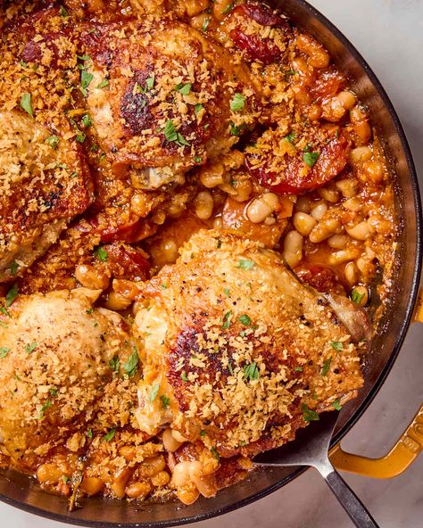 overhead shot of cassoulet in a braiser, topped with herbs Stew Chicken Thigh Recipes, Braiser Pan Recipes, Easy Cassoulet Recipe, Cassoulet Recipe, French Chicken, Dishes Ideas, Meat Dish, Main Dish Casseroles, Salmon Potato