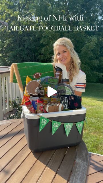 FullofHartMama on Instagram: "Football is back, baby!! 🏈 

i’m here with all your tailgate needs! Or just must have items to have around your house this season for game day! This is the perfect tailgate/football basket

Can’t forget @redgoldtomatoes with your chili

#footballisback #footballfood #tailgateparty #tailgateszn #tailgate #tailgateparty #footballbasket #footballszn #footballparty" Tailgate Auction Basket, Tailgate Raffle Basket Ideas, Tailgate Basket Ideas, Football Basket Ideas, Tailgate Setup Ideas, Cooler Gift Basket Ideas, Cooler Gift Basket, Raffle Gift Basket Ideas, School Auction Art Projects