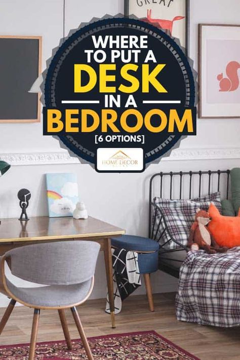 Where To Put a Desk in a Bedroom [6 Options] - Home Decor Bliss Bedrooms With A Desk, Desk Bedroom Layout, Desk In Bedroom Master Home Office, Small Bedroom Layout With Desk, Bedroom Desk Layout, Bedroom Study Ideas, Computer Desk In Bedroom, Desk Ideas Minimalist, Desk In A Bedroom