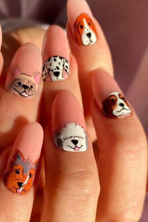 #nailarts #naildesign #handpaintnailart Nails Animals Designs, Dog Face Nail Art, Dog Design Nails, Puppy Nail Art, Dog Themed Nails, Nail Designs Animals, Animal Acrylic Nails, Dogs Nails Art, Nails Dog Design