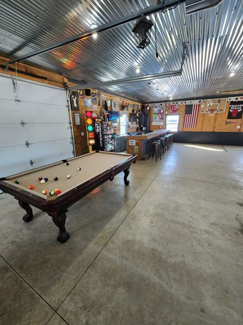 DIY Garage Bars, Man Caves & More | Added a pool table to the ultra mega beer hut | Facebook Mans Garage Cave, Western Pool Table Room, Pole Barn Bar Ideas, Garage With Pool Table, Pole Barn Man Cave Ideas, Pool Table Room Ideas Man Caves, Garage Hangout Ideas Diy, Pole Barn Bar, Garage Entertaining Space