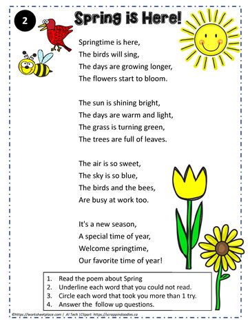 Reading Comprehension About Spring Poetry Comprehension Worksheets, Poetry Comprehension, Preschool Poems, Spring Worksheets, Poem Activities, Spring Poem, Spring Worksheet, Spring Reading, Critical Thinking Activities