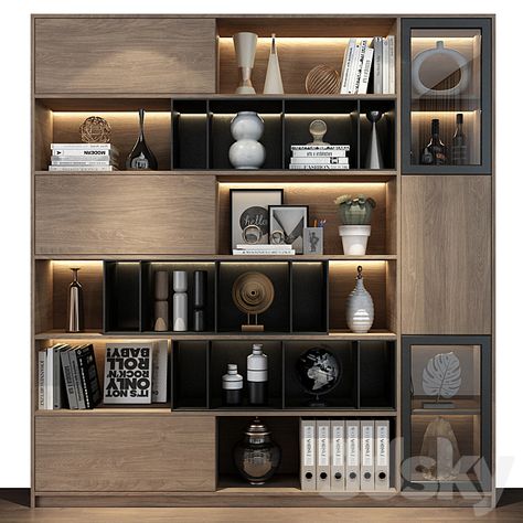 Modern luxury wooden bookshelf GHS-2367 - Rack - 3D Models Modern Luxury Bookcase, Book Unit Design, Book Shelf Design Modern, Display Cabinet Design Modern, Luxury Bookshelf, Figure Display Cabinet, Luxury Bookshelves, Wooden Wall Partition, Book Rack Design