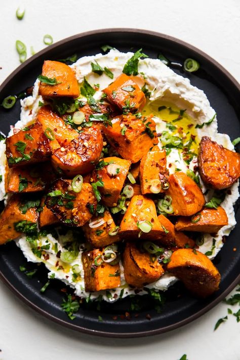 Good Sweet Potato Recipe, Roasted Sweet Potato Cubes, Easy Sweet Potato Recipes, Labneh Recipe, Sweet Potato Side Dish, Sweet Potato Recipes Roasted, Sweet Potato Sides, Oven Roasted Sweet Potatoes, Potato Side Dish