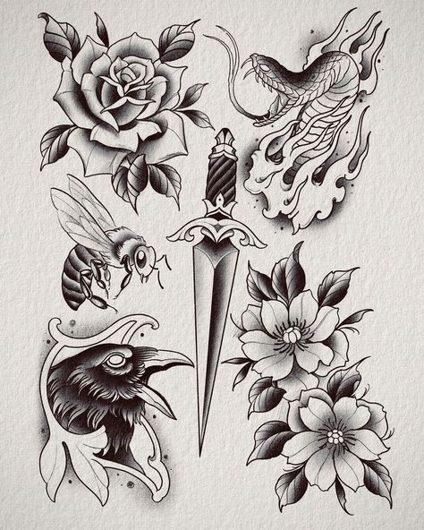 Tattoo Portfolio Ideas Drawings, New School Flash, Flash Tattoo Blackwork, Neo Traditional Flash, Neotraditional Tattoo Flash Art, Neo Traditional Tattoo Flash, Blackwork Tattoo Flash, Flashes Tattoo, Blackwork Flash