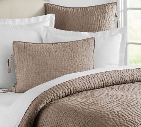 Pick-Stitch Handcrafted Quilt & Sham | Pottery Barn Gray Family Room, Pick Stitch Quilt, Sunset Bedroom, Transitional Bedroom Design, Pottery Barn Bedding, Pick Stitch, Transitional Bedroom, Signature Quilts, Quilt Care