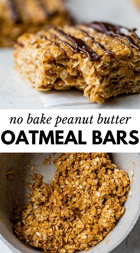 These no-bake Peanut Butter Oatmeal Bars are easy to make with a gooey mix of oats, peanut butter, and honey. Topped with a chocolate drizzle, they’re an irresistible healthy snack to add to your meal prep. Oatmeal Peanut Butter And Honey Bars, No Bake Oats Recipes, Healthy Peanut Butter Breakfast Bars, Oats Honey Peanut Butter Bars, Oat Peanut Butter Bars Healthy, Peanut Butter Honey Oatmeal Bars, No Bake Peanut Butter Oatmeal Bars, Peanut Butter Oatmeal Bake, Oatmeal Peanut Butter Bars