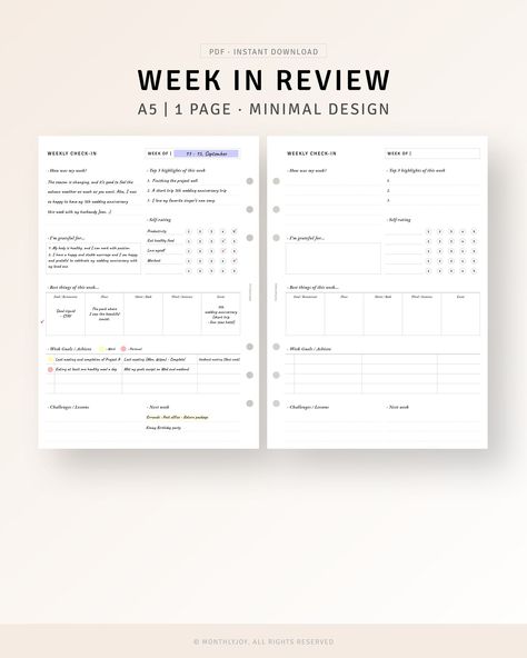 A5 Weekly Review Printable Weekly Reflection Journal Template, Week Check-In, Gratitude Journal, Weekly Assessment Summary, Digital Download mealplannerprintable #freebieplanner #productplannerbusiness Goal Reflection, Reflection Journal Template, Weekly Reflection Journal, Study Planner Printable Free, Planner Weekly Layout, Weekly Template, Weekly Reflection, Free Digital Planner, Journal Weekly