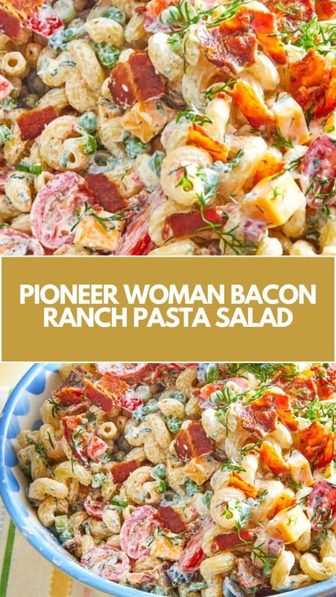 This easy and creamy Pioneer Woman Bacon Ranch Pasta Salad is a delicious, quick salad perfect for any occasion. With crispy bacon, fresh veggies, and a tangy ranch dressing, it’s customizable with whatever ingredients you have on hand. Serve it chilled for a refreshing, crowd-pleasing treat! Pasta Salad Recipes For A Crowd, Ranch Taco Pasta Salad, Ranch Pasta Salad Recipes, Pot Luck Dishes For A Crowd, Christmas Pasta Salad, Pioneer Woman Pasta, Ranch Salad Recipes, Pasta Salad With Bacon, Penne Pasta Salads