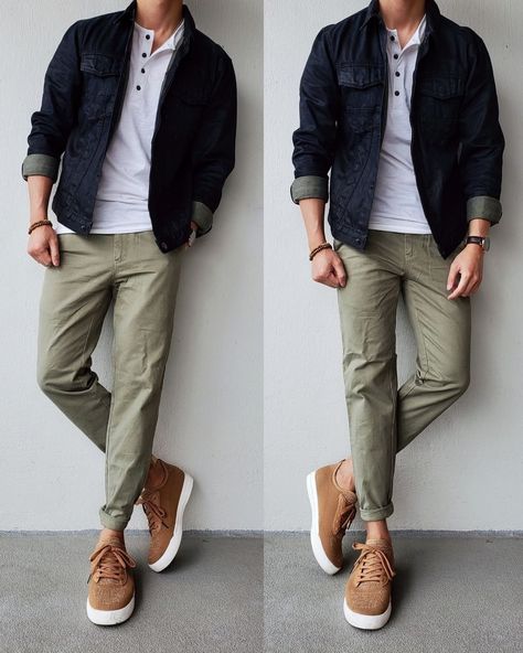 How To Style Khaki Pants Men, Mens Olive Jeans Outfit, Mens Green Pants Outfit Casual, Olive Shirt Men, Light Green Chinos Outfit Men, Simple Fashion Outfits Men, Green Khaki Pants Outfit Men, Casual Style Outfits Men, Olive Green Chinos Outfit Men