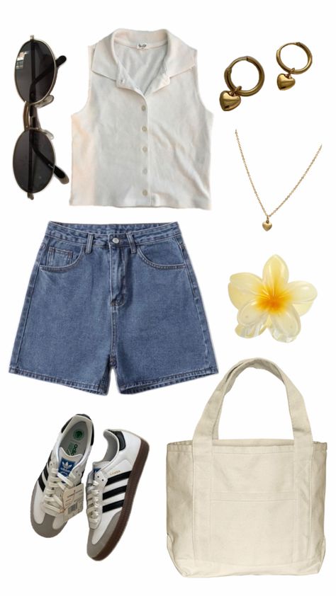 White sleeveless button up top, jean shorts, 90’s round sunglasses, black and white adidas, plain off white tote bag, yellow and white ombre flower claw clip, cold necklace with heart charm, gold goop earrings with heart charms, Summer Aesthetic Outfit 2024, Summer Vintage Aesthetic Outfits, Summer Street Wear Women Outfit Ideas, Vintage Outfits For Summer, Summer Outfit Inspo Hot Weather, Collage Summer Outfits, Vintage Summer Fits, Fashion Inspo Outfits 2024 Spring, Realistic Summer Outfits