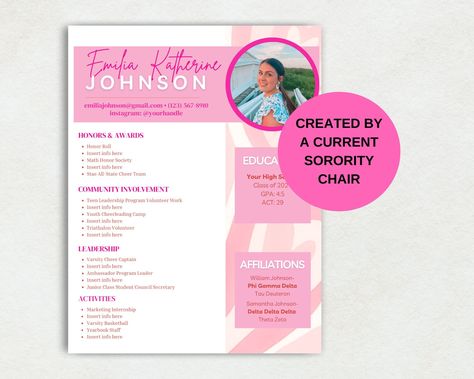 Customizable Sorority Recruitment Resume Template - Light Pink Heart | Social Resume with Photo, Sorority Pink Resume, Instant download by StyledbyHaydin on Etsy Recruitment Resume, Sorority Resume, Rush Week, Editable Resume, Resume Cover Letter, Sorority Recruitment, Cover Letter For Resume, Graduation Party Ideas, Cover Letter