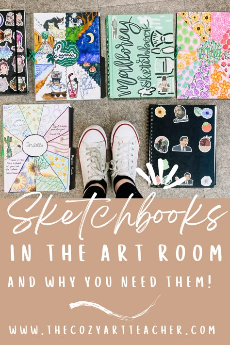 Thinking about incorporating student sketchbooks in your middle and high school art classroom? Click here to find out the many benefits and ways in which I use them to help improve my students' drawing skills. Sketchbook Ideas For Middle School, Middle School Sketchbook Ideas, Middle School Sketchbooks, Art School Lessons, Sketchbook Assignments Middle School, High School Sketchbook Prompts, Middle School Art Projects Drawing, High School Line Art Projects, Middle School Sketchbook Prompts